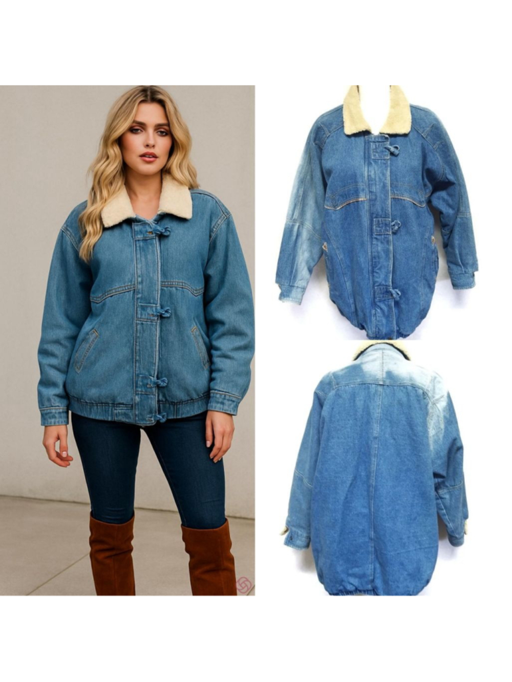 90s Vintage Andy Johns Light Wash Acid Wash Quilted Faux Sherpa Denim Jacket M